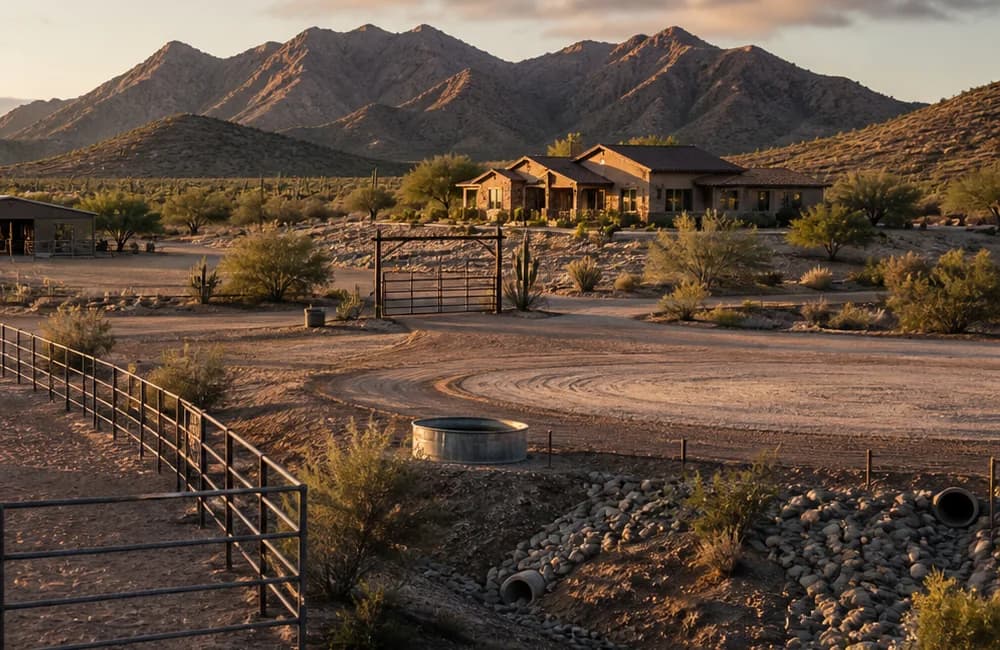 Representative horse property gate, access road, drainage channel, culverts, and home