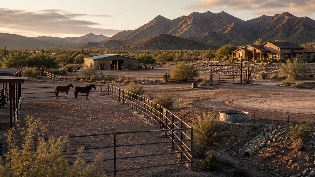 Representative horse property with broad ground, barn, horses, gates, water, drainage, and home