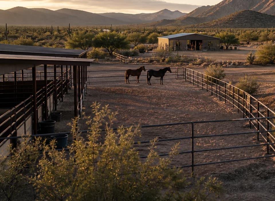 Representative Southern Arizona horse property with turnout, fencing, shelter, and two horses