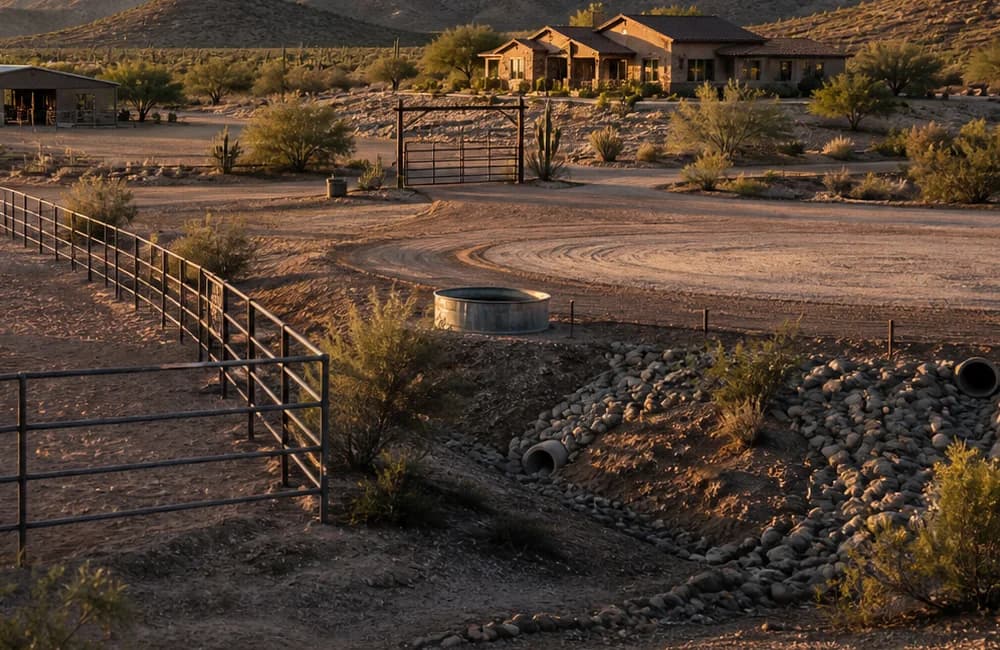 Representative horse property water tank, drainage channel, gate, road, and home