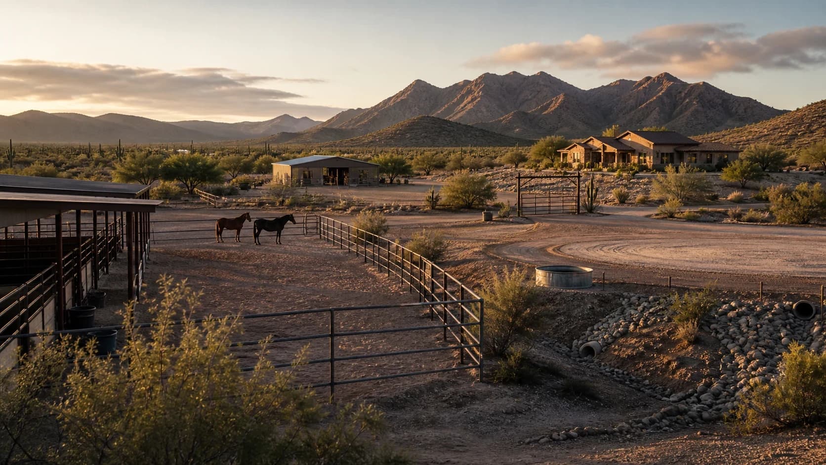 Representative Southern Arizona acreage property with open ground, fencing, and foothills views
